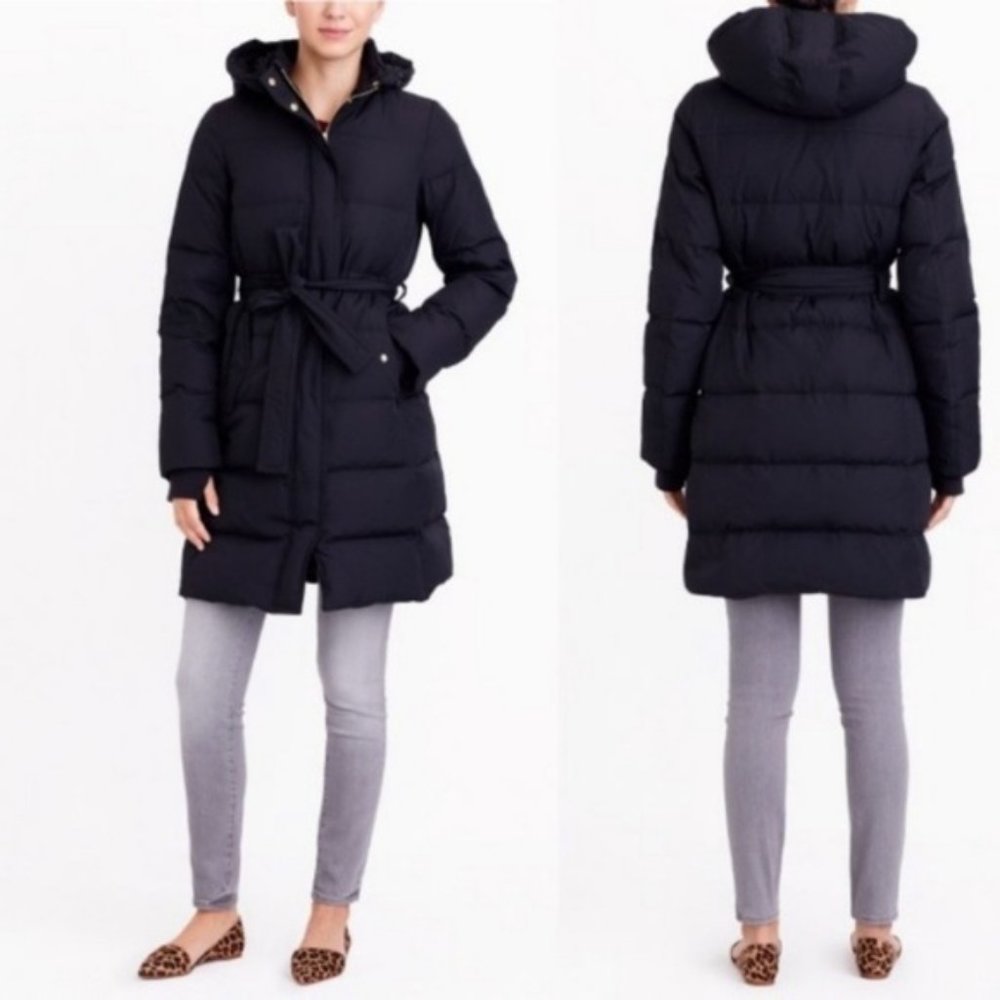J.Crew Long Black Down Puffer Jacket w/hood + belt